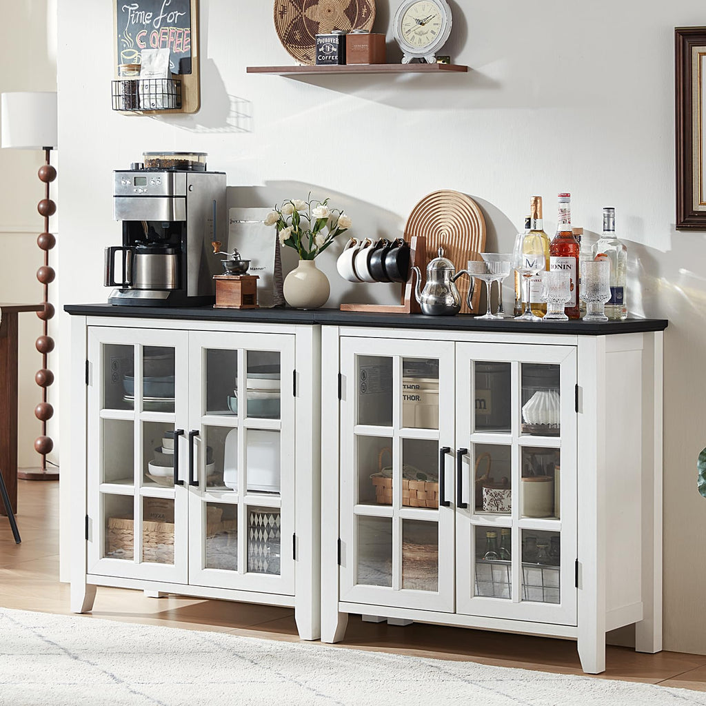 White sideboard cabinet with glass doors and multiple storage sections
