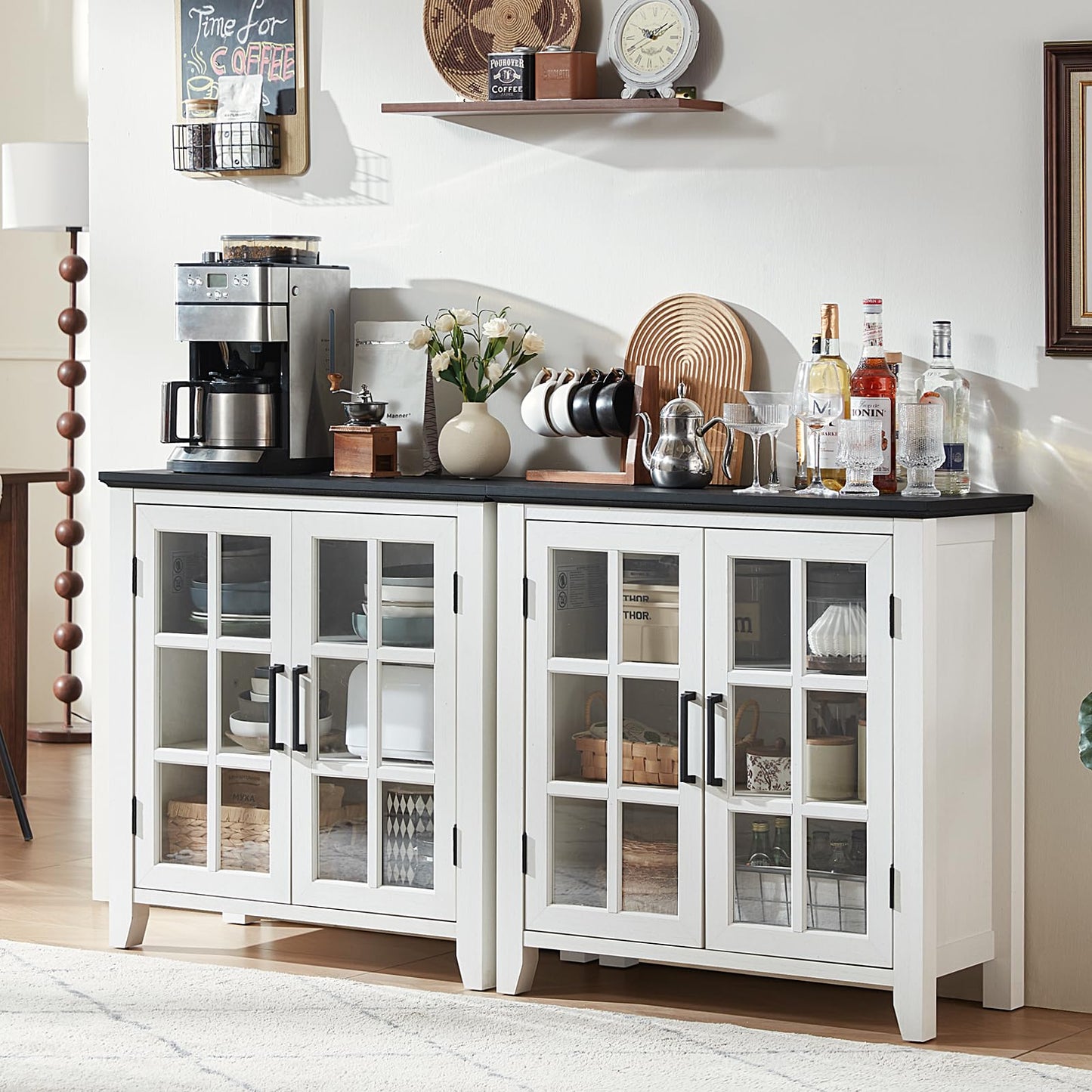 White sideboard cabinet with glass doors and multiple storage sections