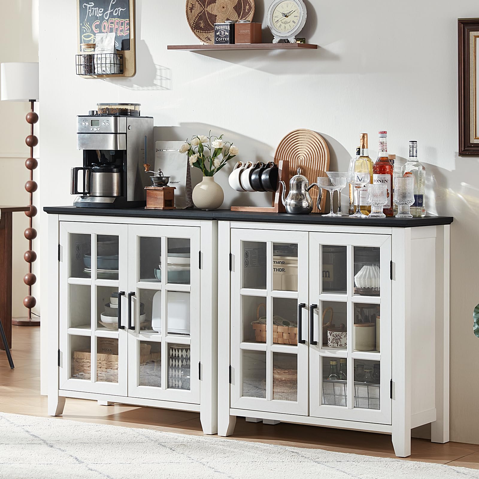Farmhouse sideboard cabinet with four glass doors, white finish, and enclosed cabinet storage