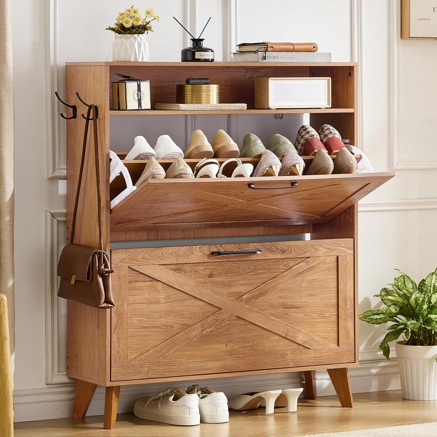 Wood shoe storage cabinet with open top shelf and lower flip drawer
