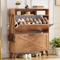 Wood shoe storage cabinet with open top shelf and lower flip drawer