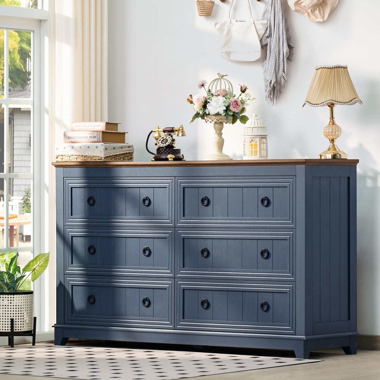 Blue farmhouse storage dresser with six drawers and round knobs, full front view