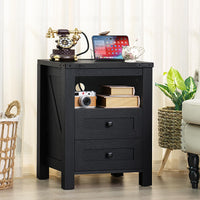 Black nightstand with open shelf and 2 drawers, charging station on top