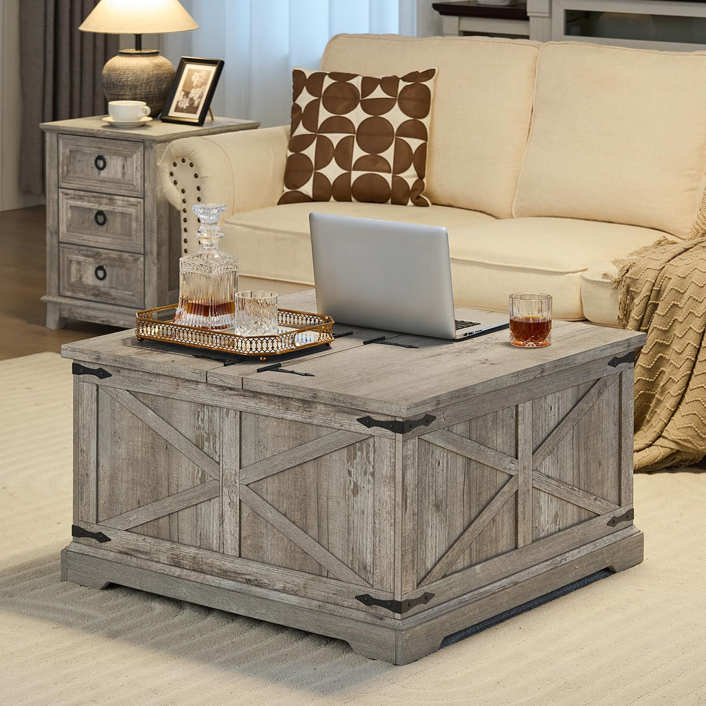 Rustic gray square lift-top coffee table with hidden storage compartment