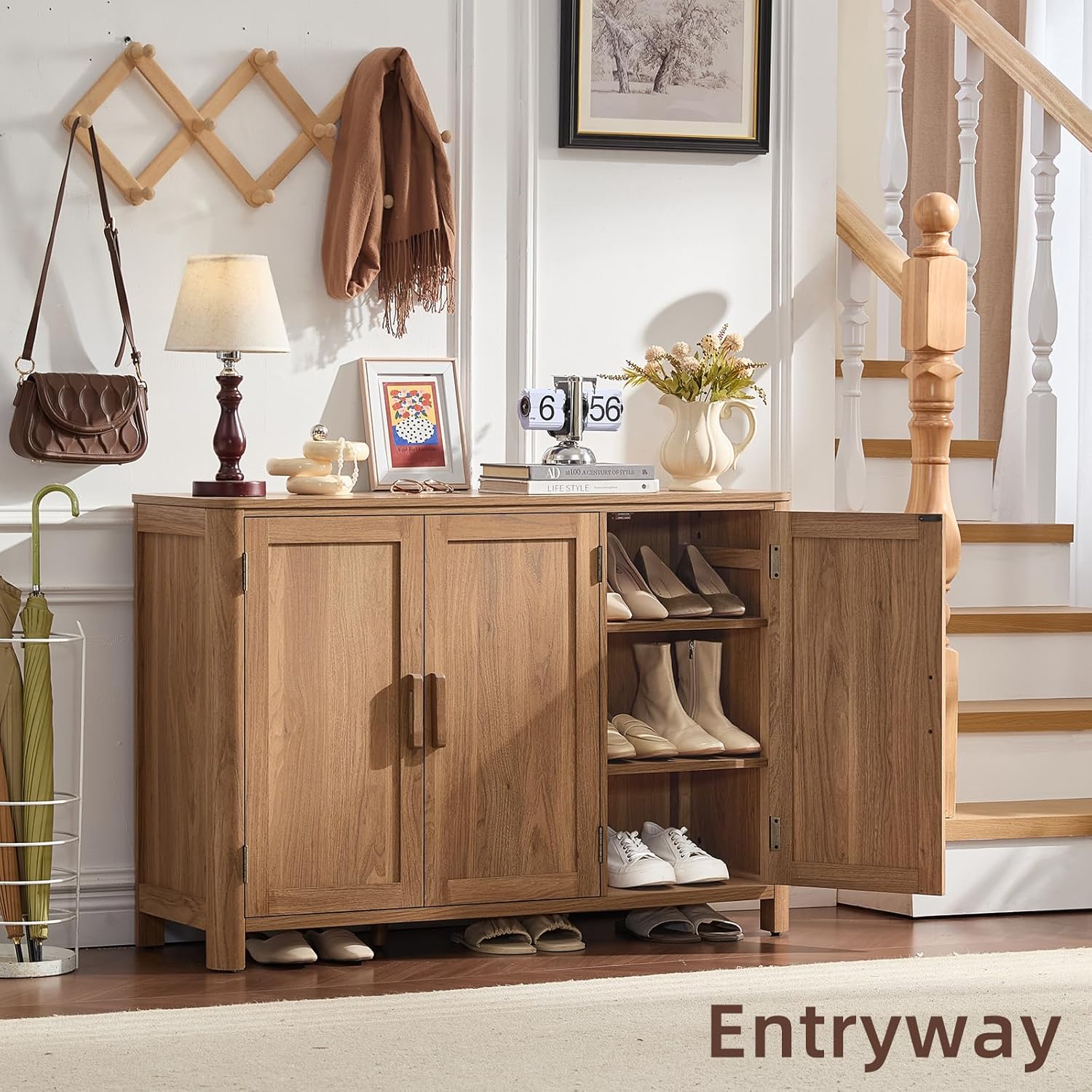 Wooden sideboard cabinet with three doors, open middle compartment, and shoe storage