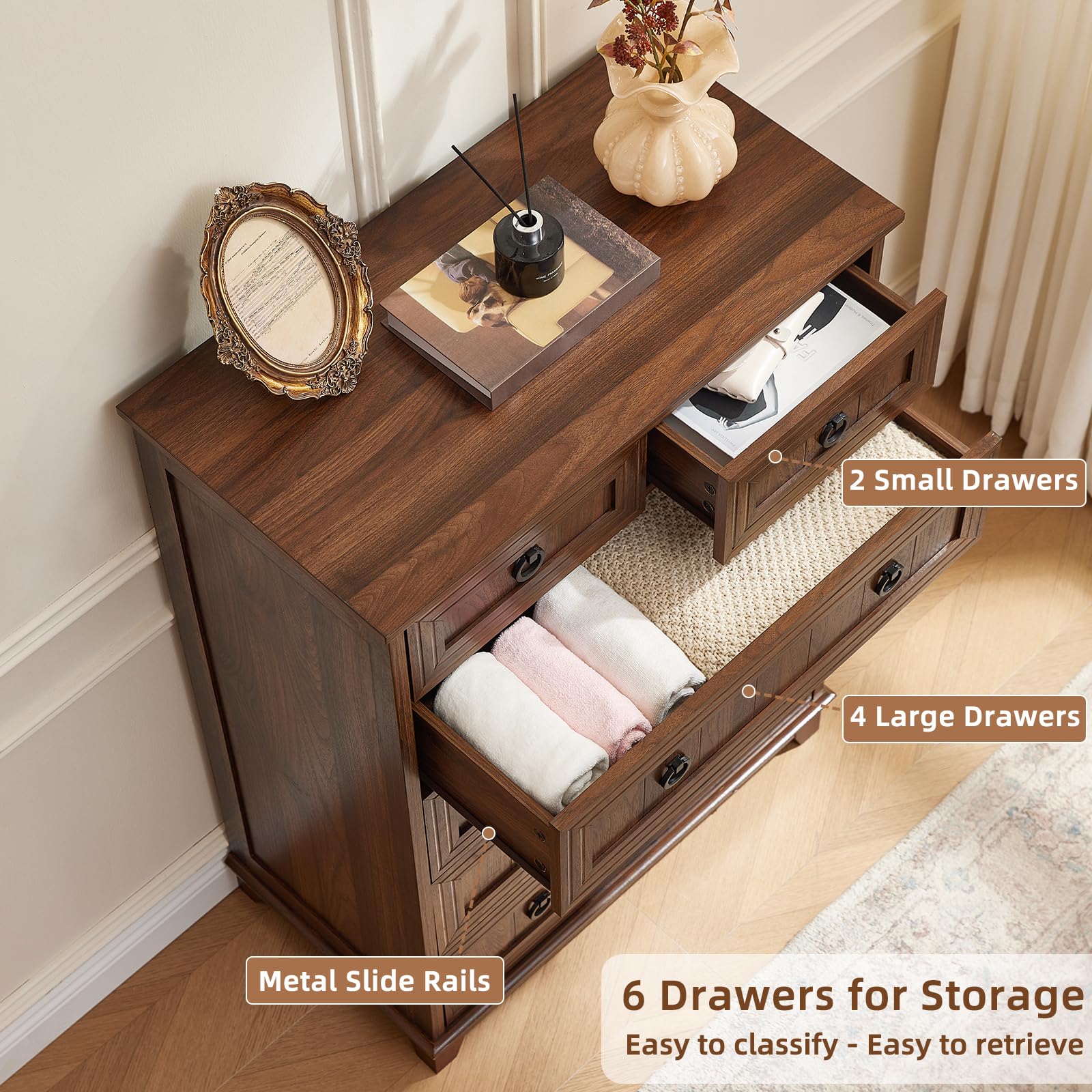 Farmhouse dresser, brown wood chest with open drawers and metal slide rails