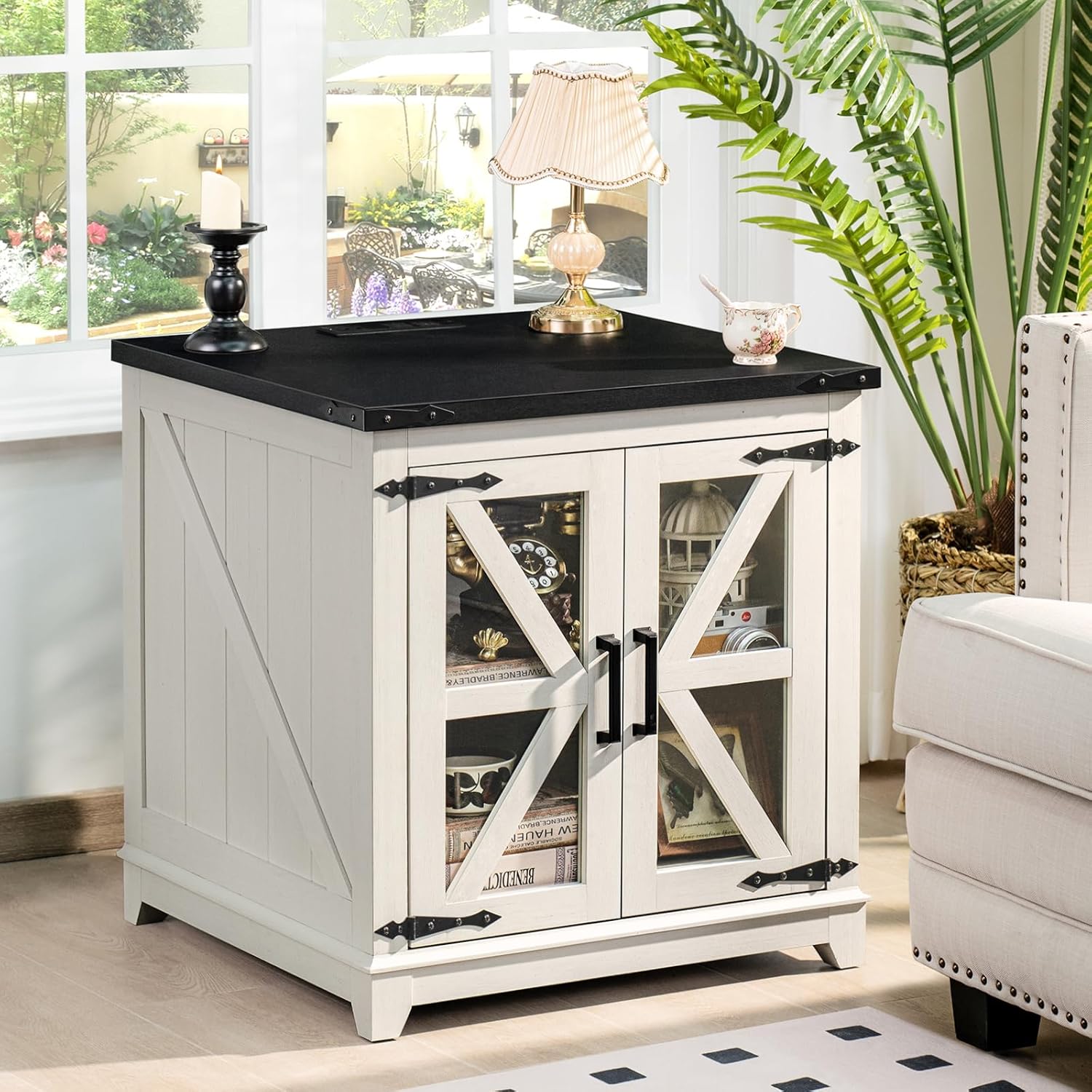 White end side table with black top and X-frame door storage shelves