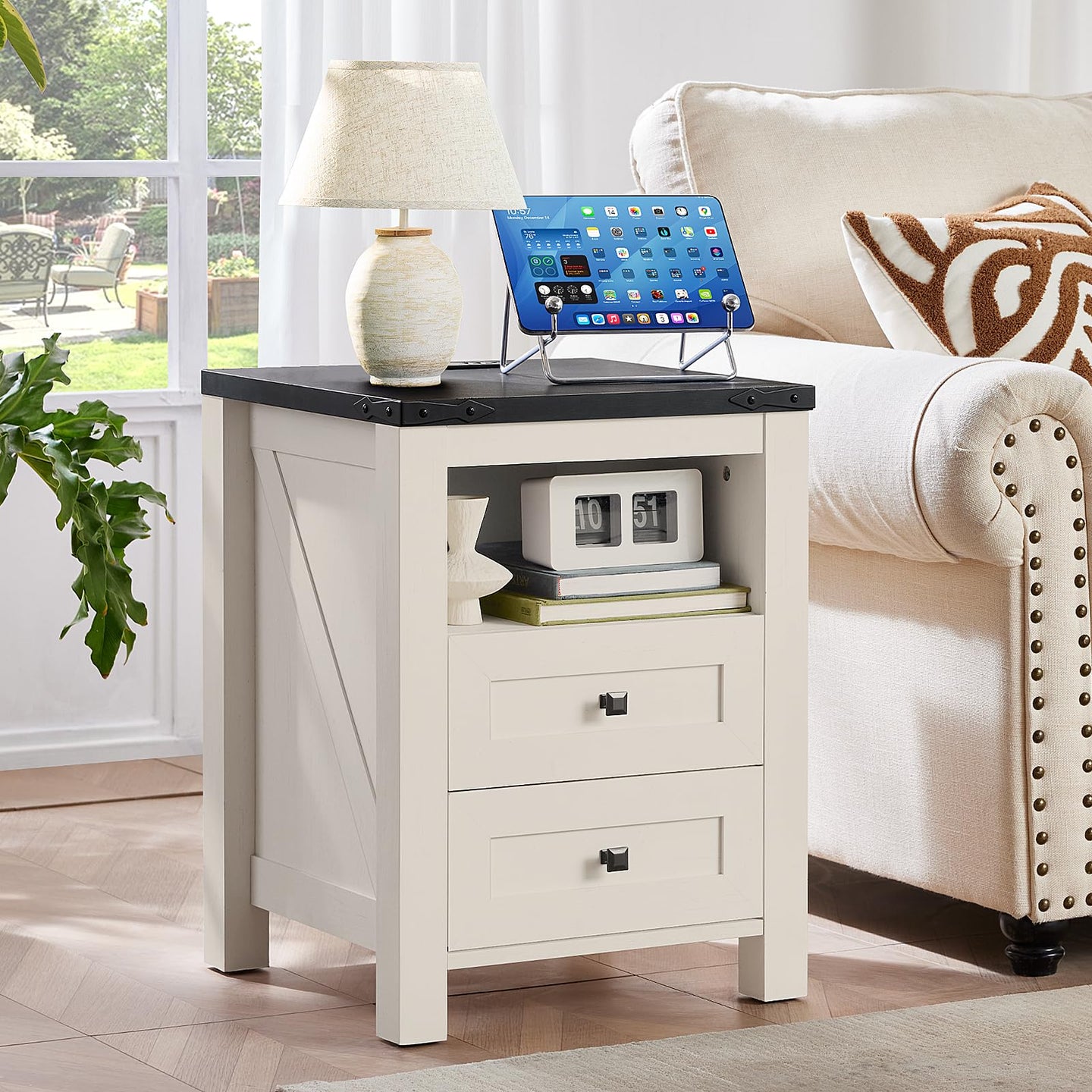 White nightstand with charging top, 2 drawers, and open shelf for devices