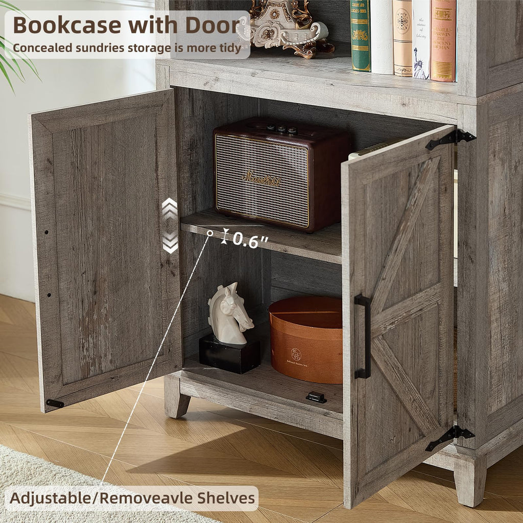 70in Tall Bookshelf 5 Tier Bookcase with Barn Doors and Adjustable Shelves, Blue Farmhouse Book Shelf with Storage Cabinet, Wood Freestanding Display Bookshelves for Bedroom, Living Room | Bookcase, Barn Doors, Adjustable Shelves, Book Shelf, Storage Cabi