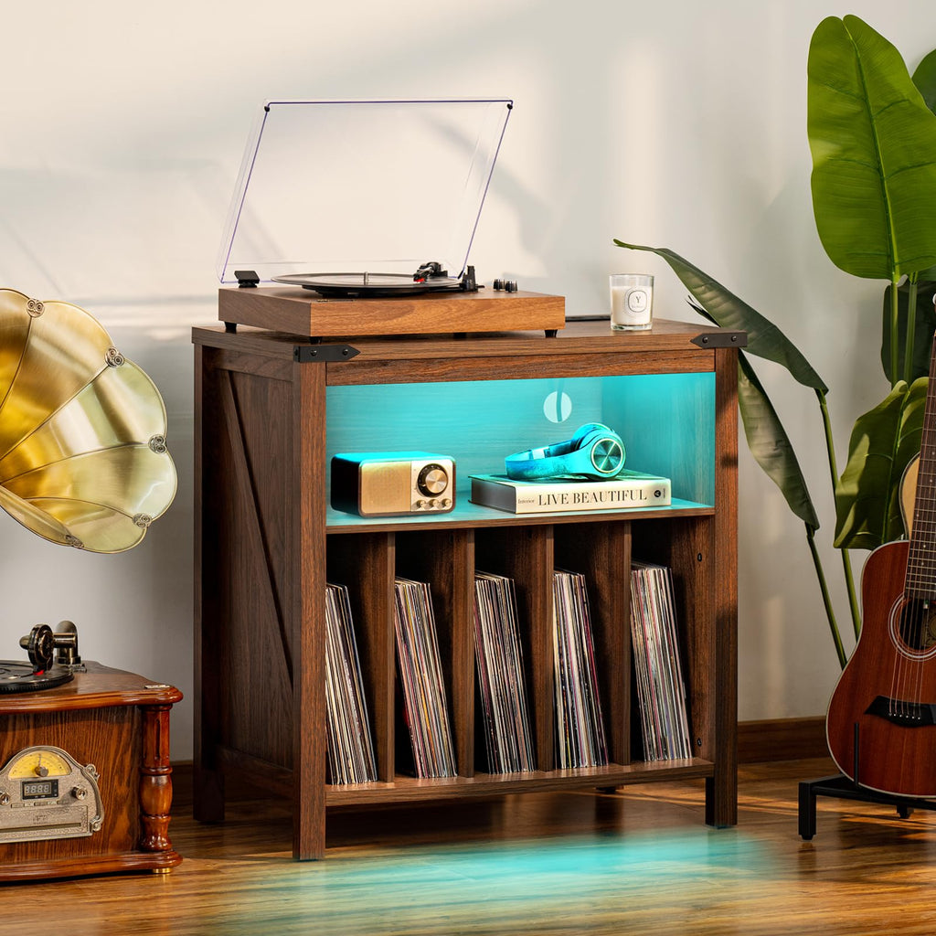 Brown record player stand with clear lid and blue LED lighted shelf for records
