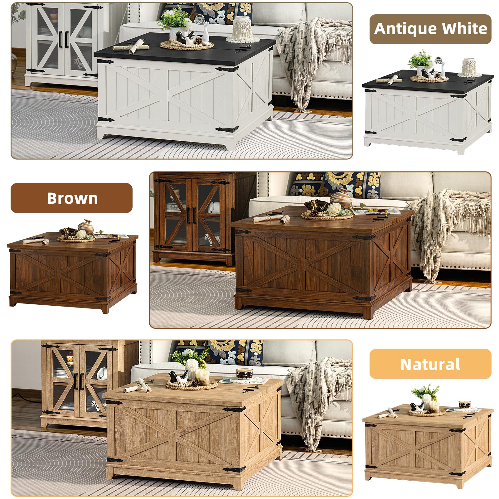 Square coffee table with hinged lid and hidden storage, antique white finish, black top