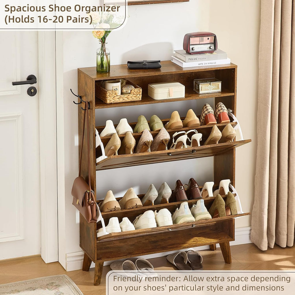 Brown shoe organizer cabinet with open shelves for shoes and flip drawer front