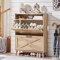 Light wood shoe storage cabinet with open upper shelves and flip drawer front