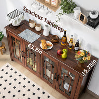 Brown wood sideboard with double doors, glass panels, and patterned door fronts