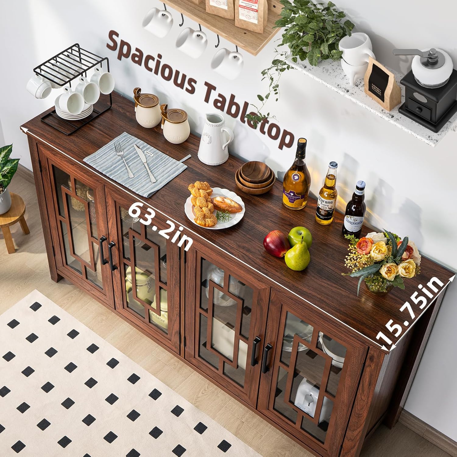 Brown wood sideboard with double doors, glass panels, and patterned door fronts