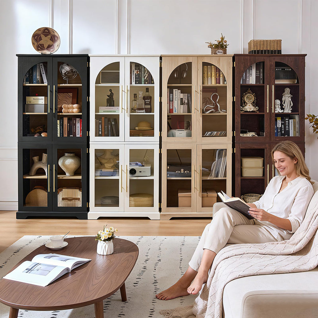 Tall display cabinet with curved glass doors and open shelving, dark and light wood