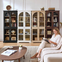 Tall display cabinet with curved glass doors and open shelving, dark and light wood