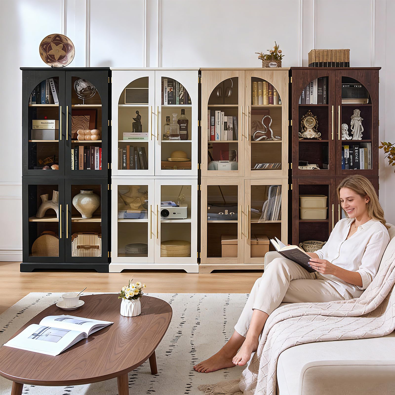 Tall display cabinet with curved glass doors and open shelving, dark and light wood