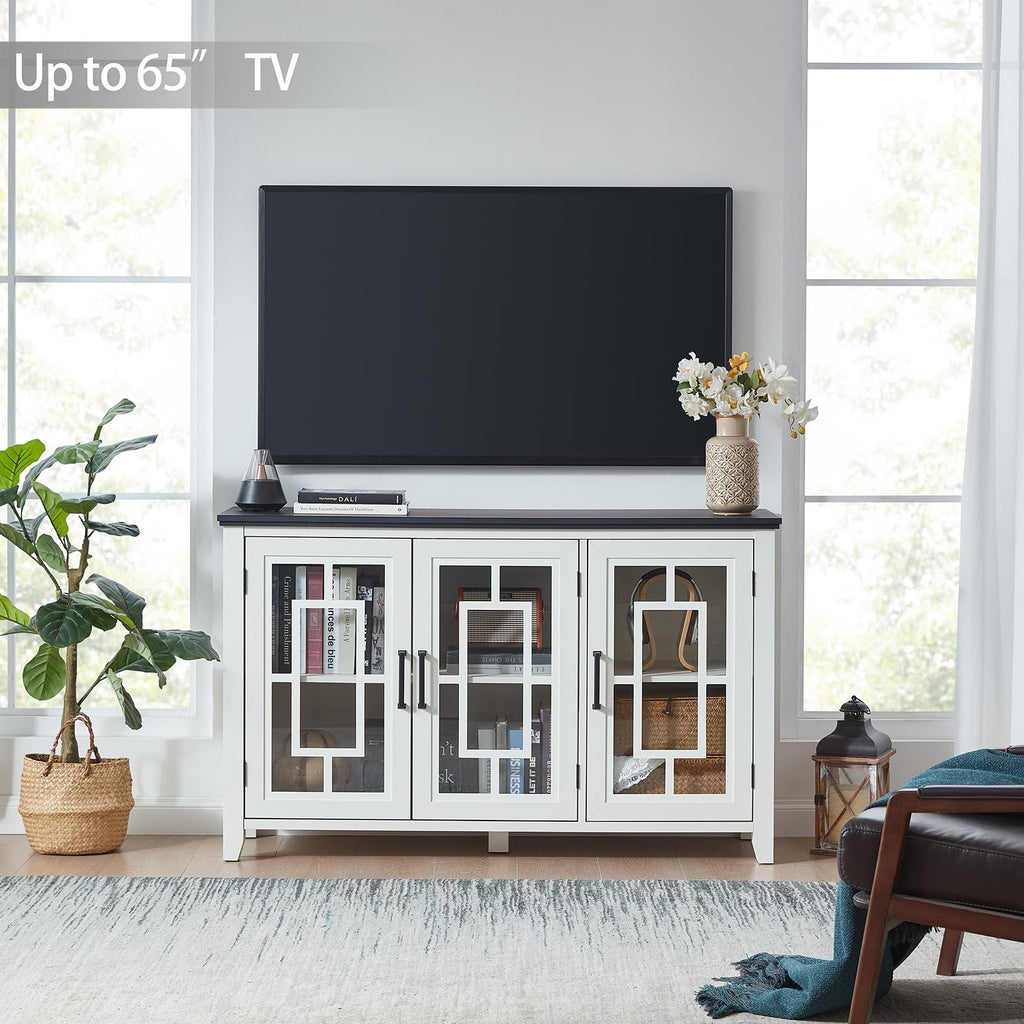 White farmhouse sideboard cabinet with three glass-front doors and TV top