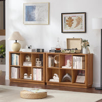 Natural oak 8-cube storage console with open cubbies for books, decor, and small items