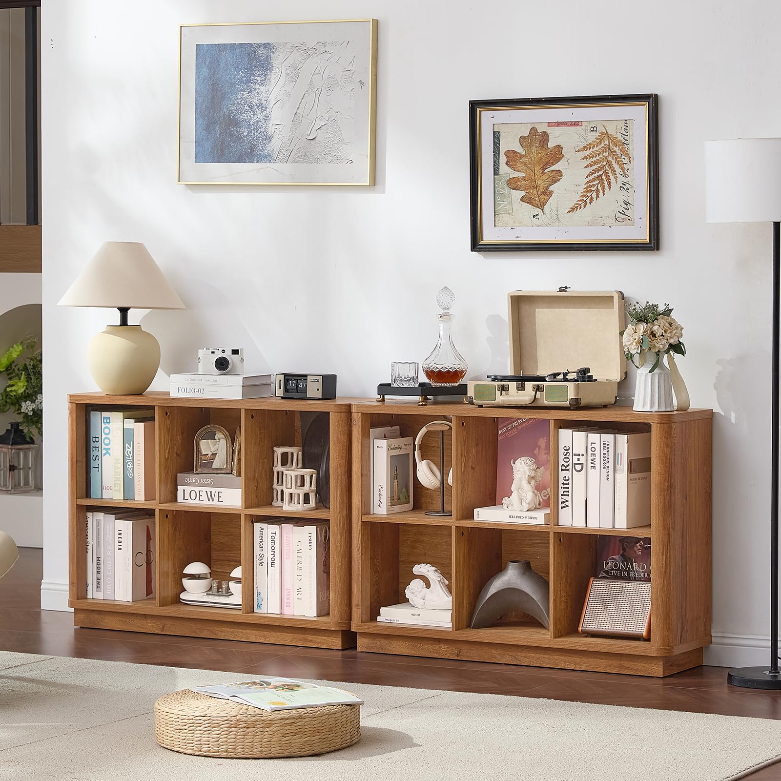 Natural oak 8-cube storage console with open cubbies for books, decor, and small items