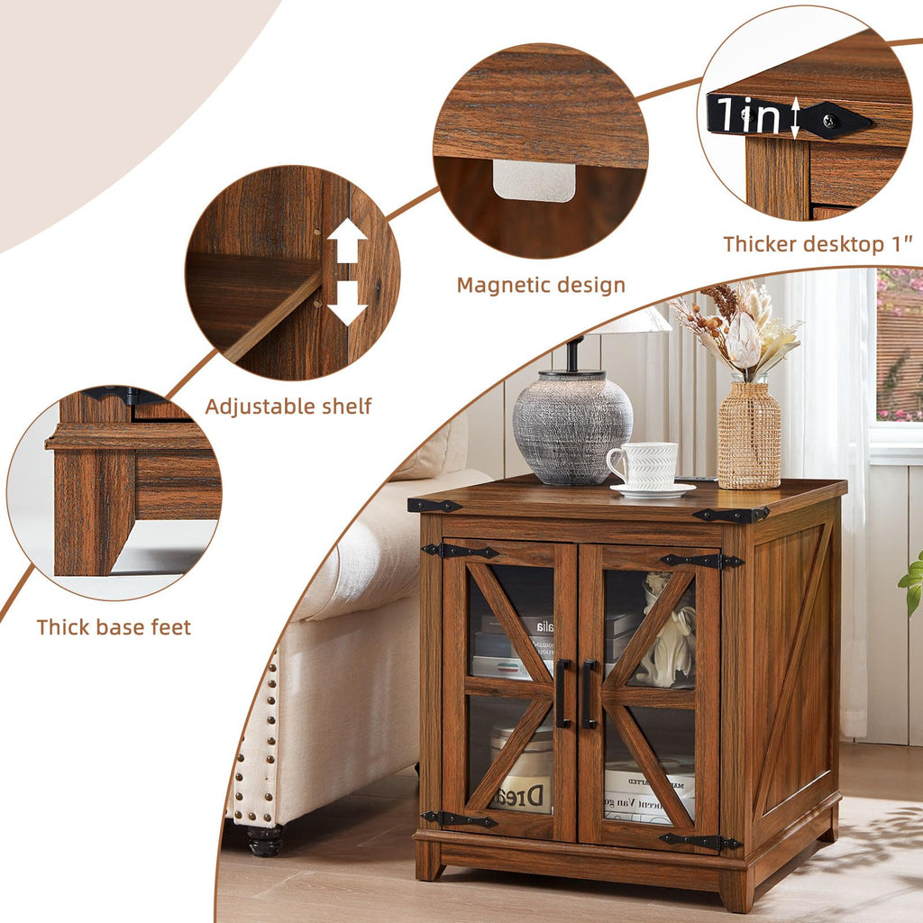 Farmhouse end table with brown wood cabinet, adjustable shelf, and thick base feet