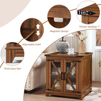 Farmhouse end table with brown wood cabinet, adjustable shelf, and thick base feet