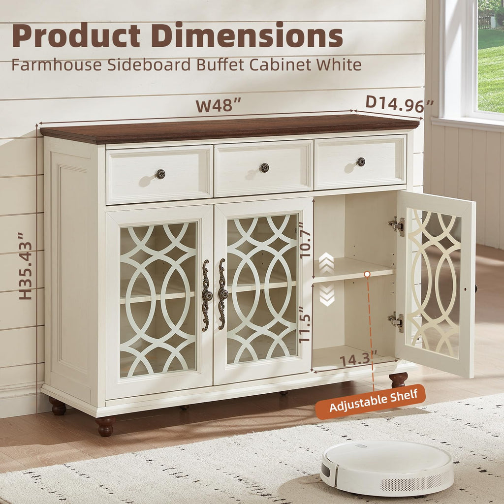 White sideboard cabinet with two drawers, open glass compartments, and adjustable shelf