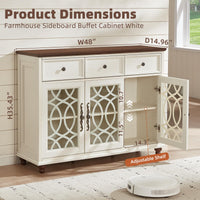 White sideboard buffet cabinet with adjustable shelf and lattice glass-door panels