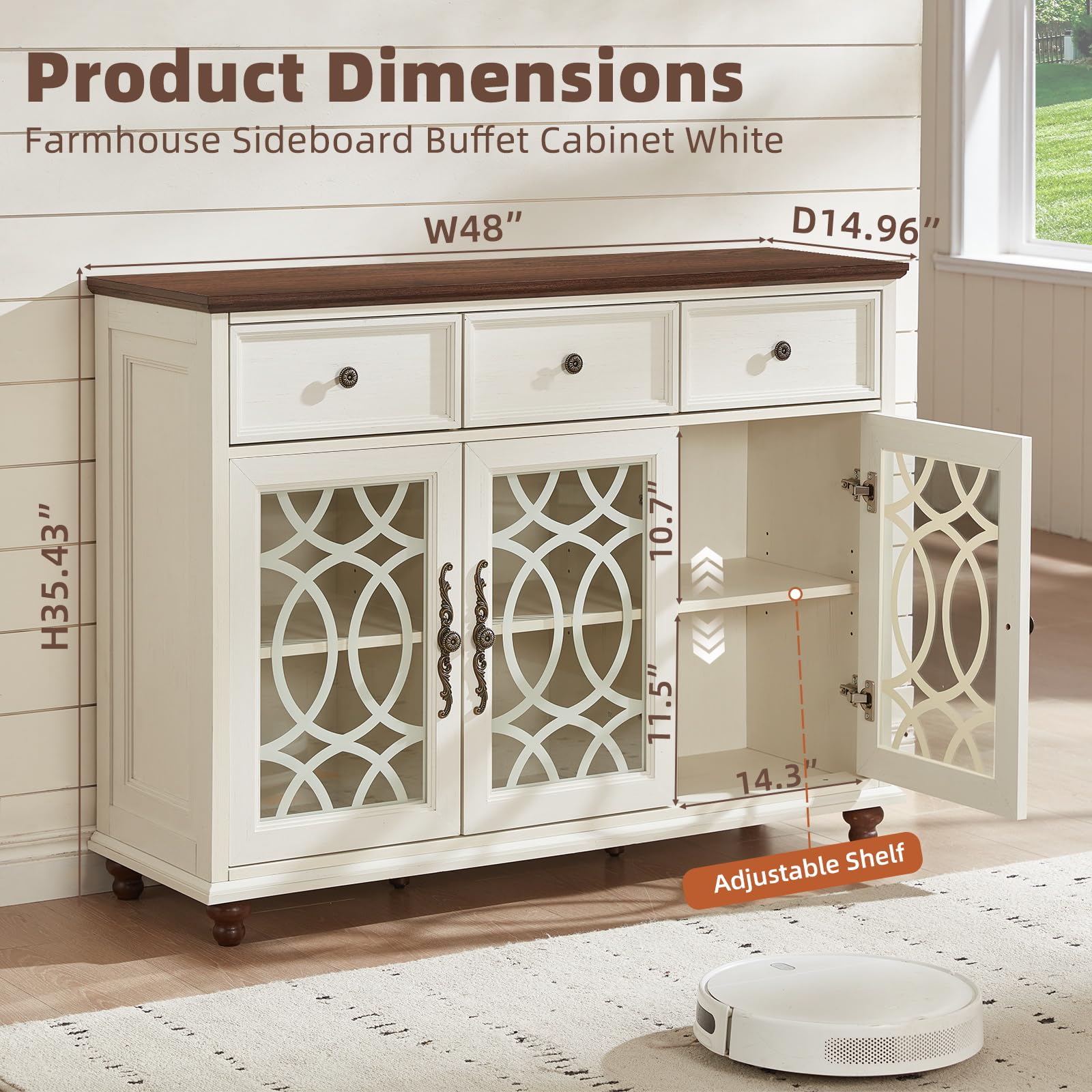 White sideboard cabinet with two drawers, open glass compartments, and adjustable shelf