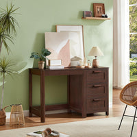 Dark walnut executive desk with three drawers and centered open shelf