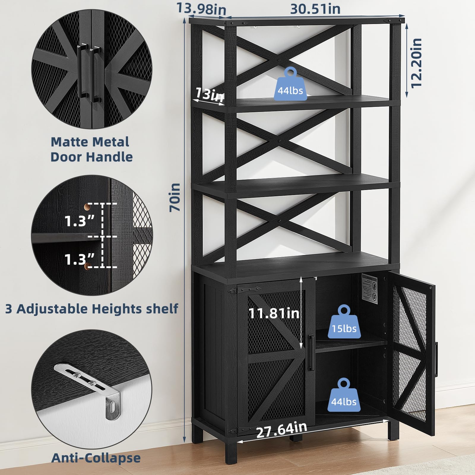 Black tall bookcase with barn doors, X-brace shelves, and adjustable heights