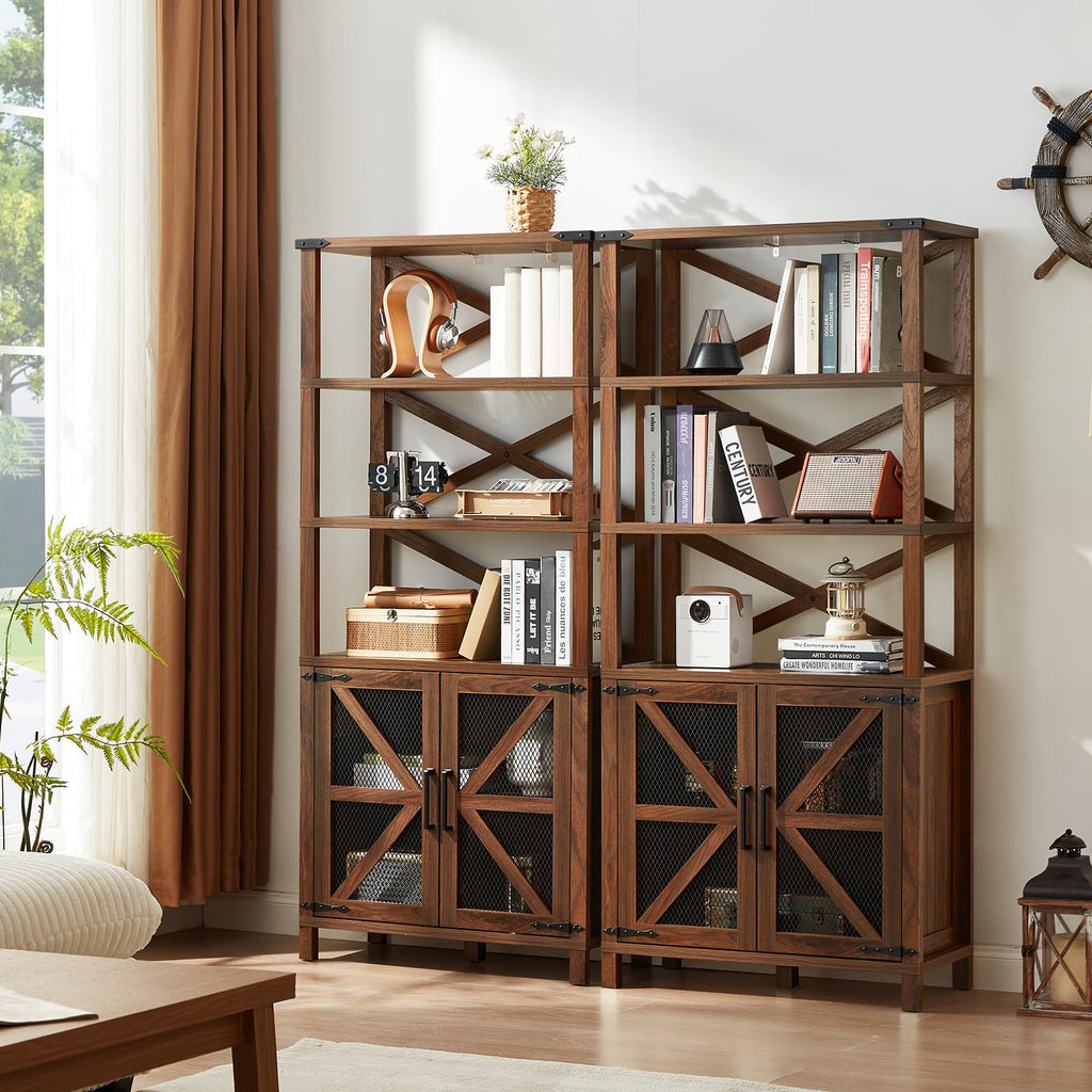 Dark brown wood bookcase with open shelves and two lower cabinet doors with X mesh