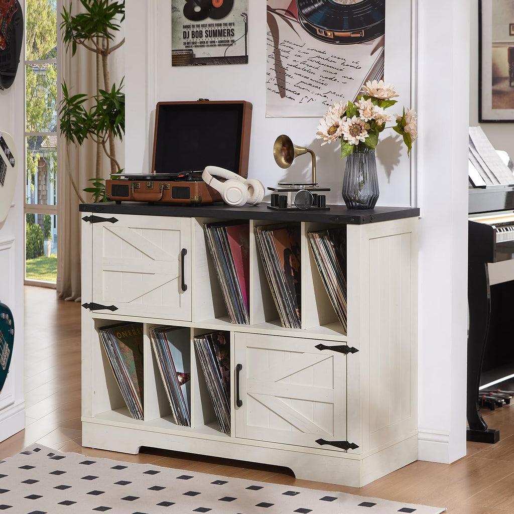 White vinyl storage cabinet with dark top, open shelves, and turntable setup