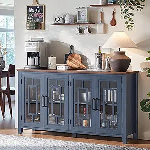 Navy blue sideboard cabinet with 4 glass doors and black metal hardware
