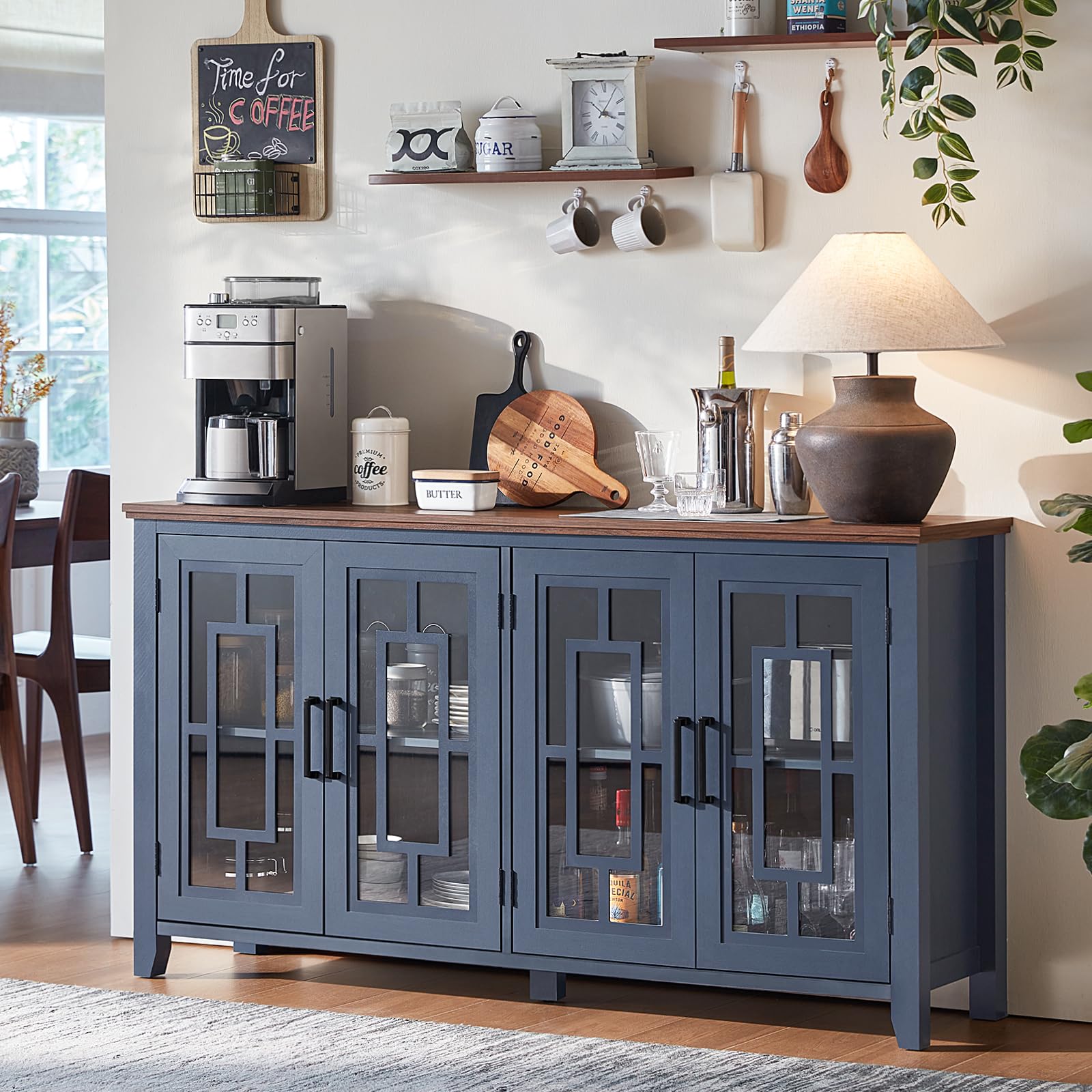 Farmhouse sideboard cabinet with four glass doors, dark blue finish, and cabinet storage