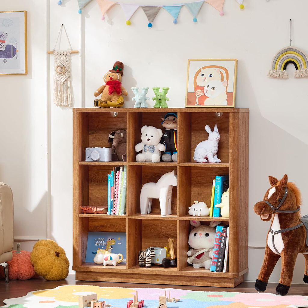 Natural oak cube storage bookcase with open grid cubbies for toys