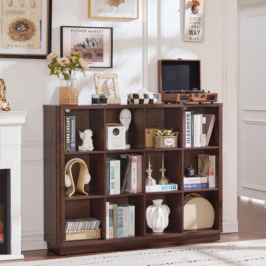 Dark wood horizontal cube storage book shelf with open cubbies and curved top edge