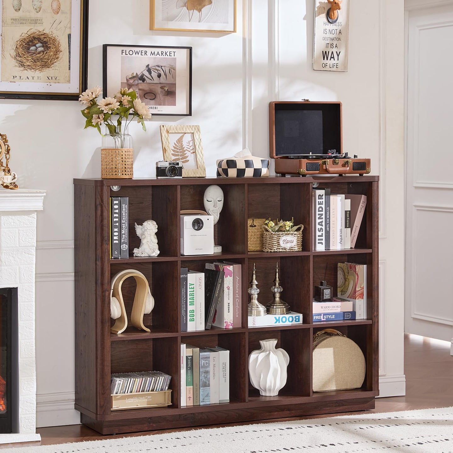 Dark wood horizontal cube storage book shelf with open cubbies and curved top edge