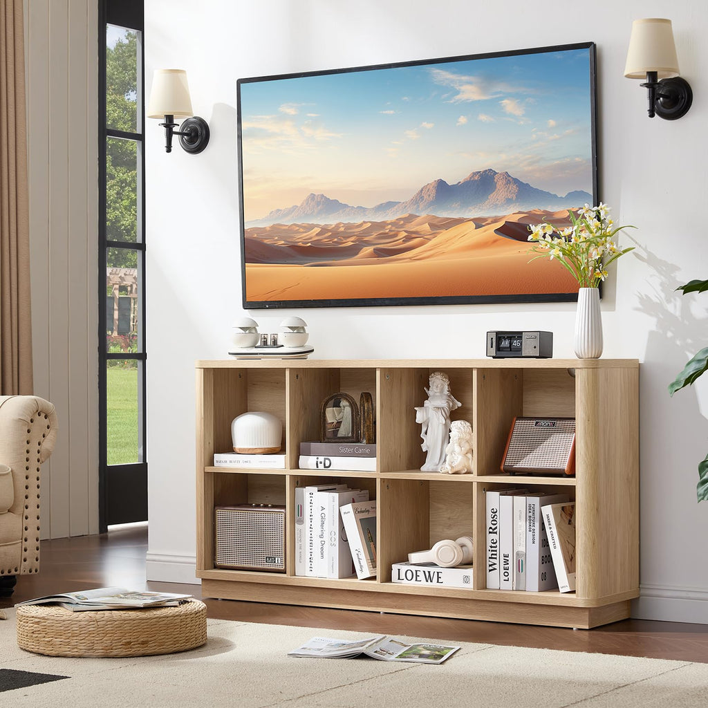 Natural oak console bookcase with 8 open cubbies and flat top for media and decor