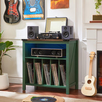 Green record player stand with speaker panel and open vinyl record storage