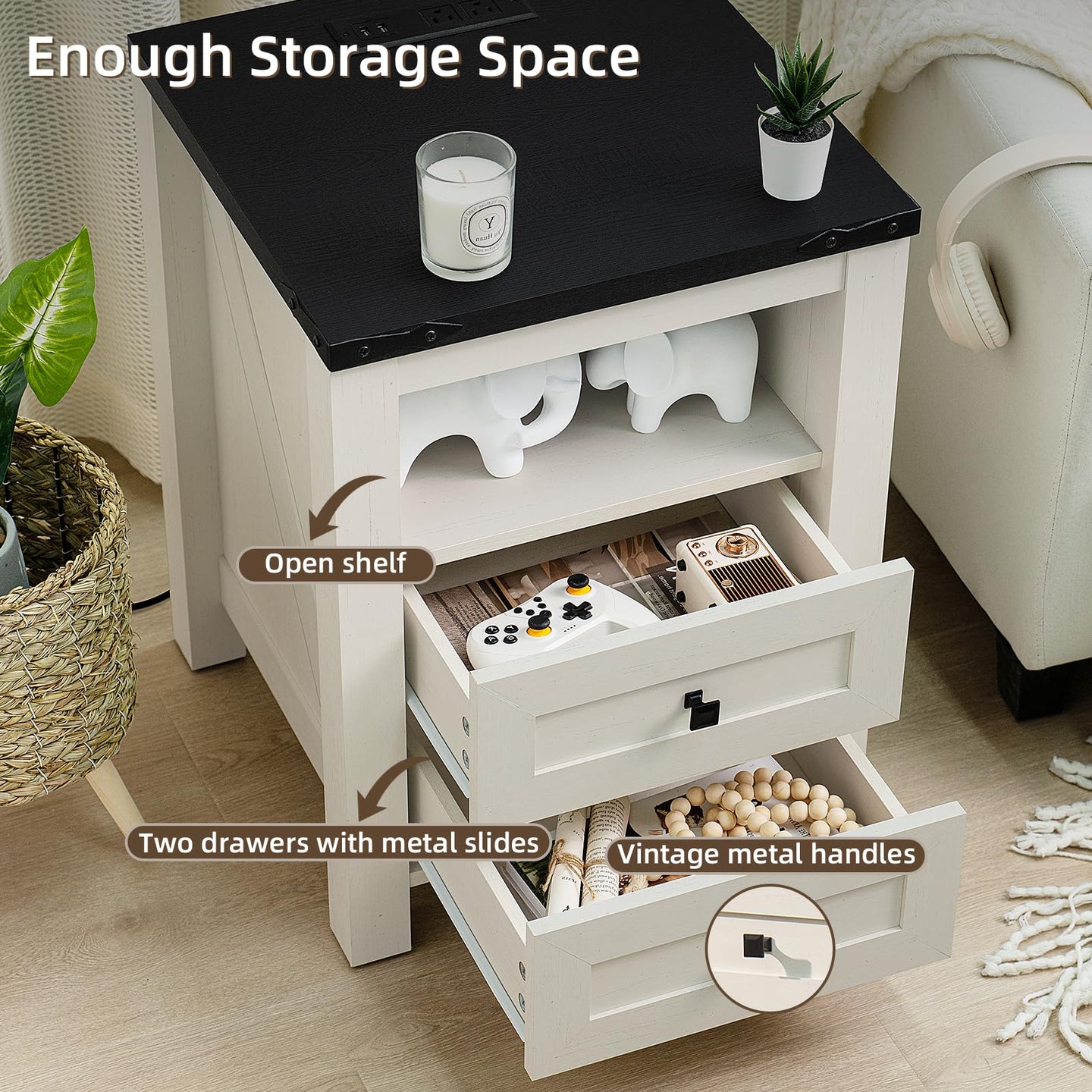 White nightstand with open shelf, two drawers with metal slides, and vintage-style handles