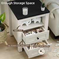 White nightstand with open shelf, two drawers with metal slides, and vintage-style handles