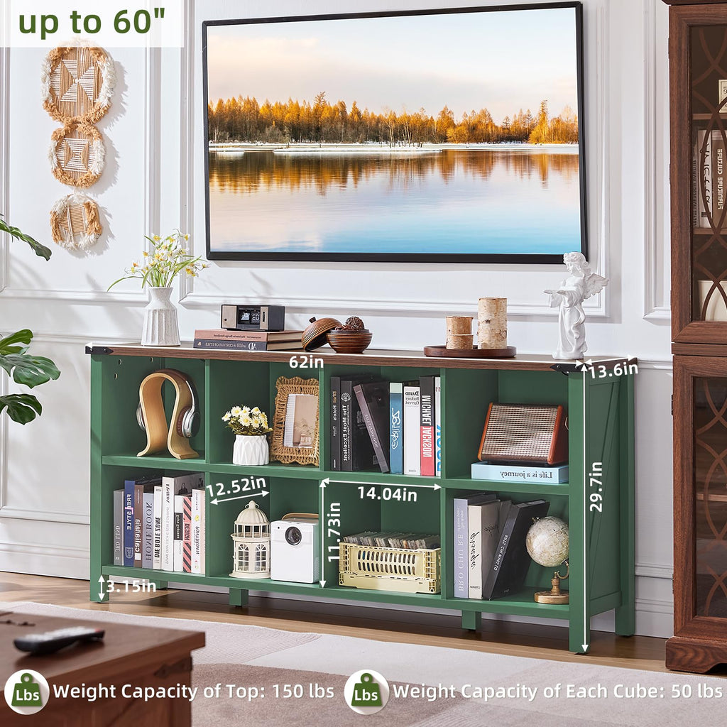 Green low storage bookcase with open cubbies and multiple shelves for books and decor