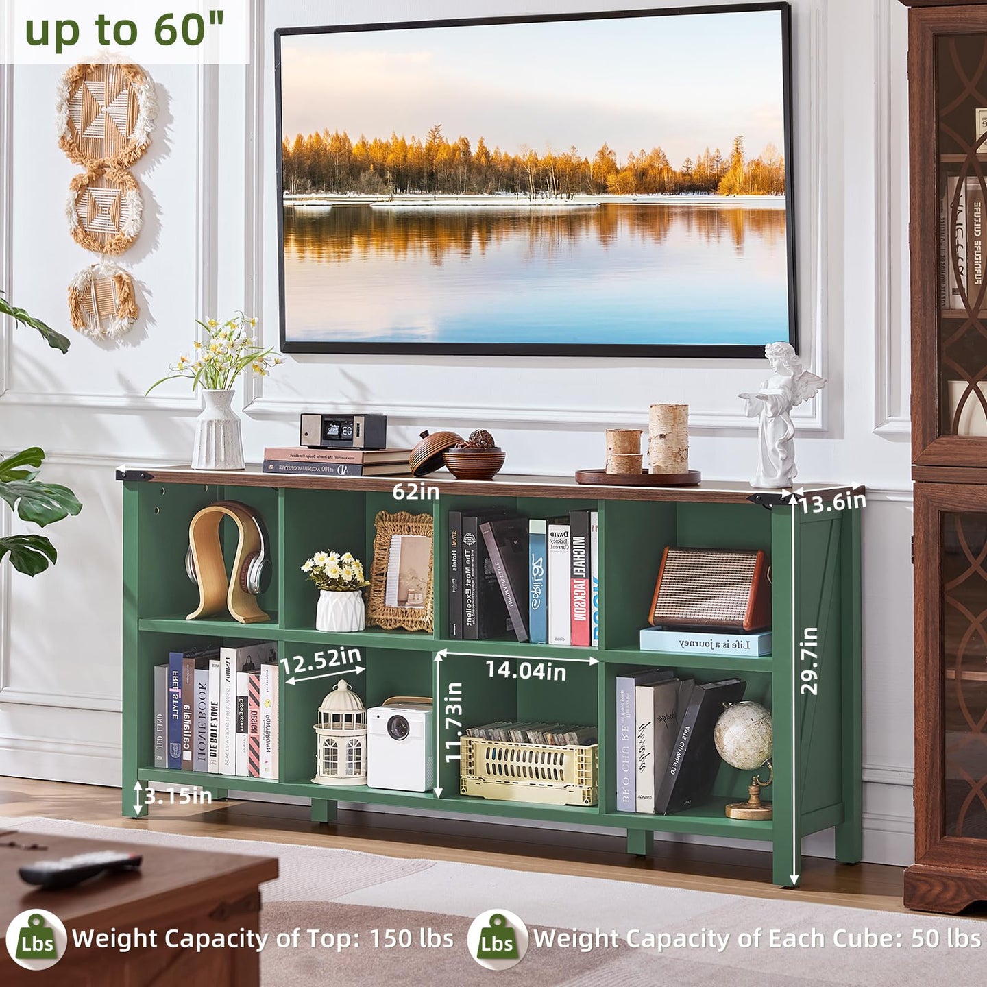 Green low storage bookcase with open cubbies and multiple shelves for books and decor