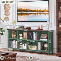 Green low storage bookcase with open cubbies and multiple shelves for books and decor