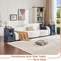 Navy blue sofa side end table with wood top and glass barn-door storage