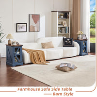 Blue farmhouse sofa side table with lift-top and cabinet storage doors