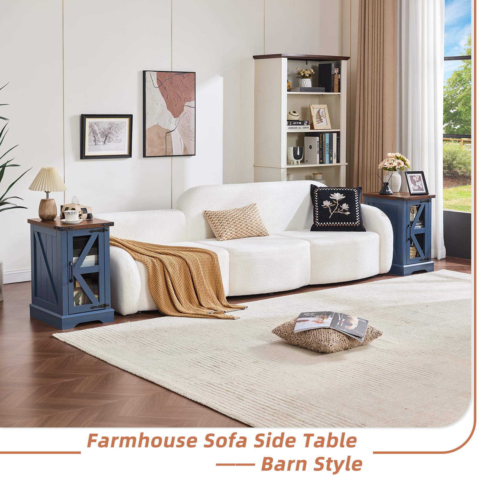 Blue farmhouse sofa side table with lift-top and cabinet storage doors