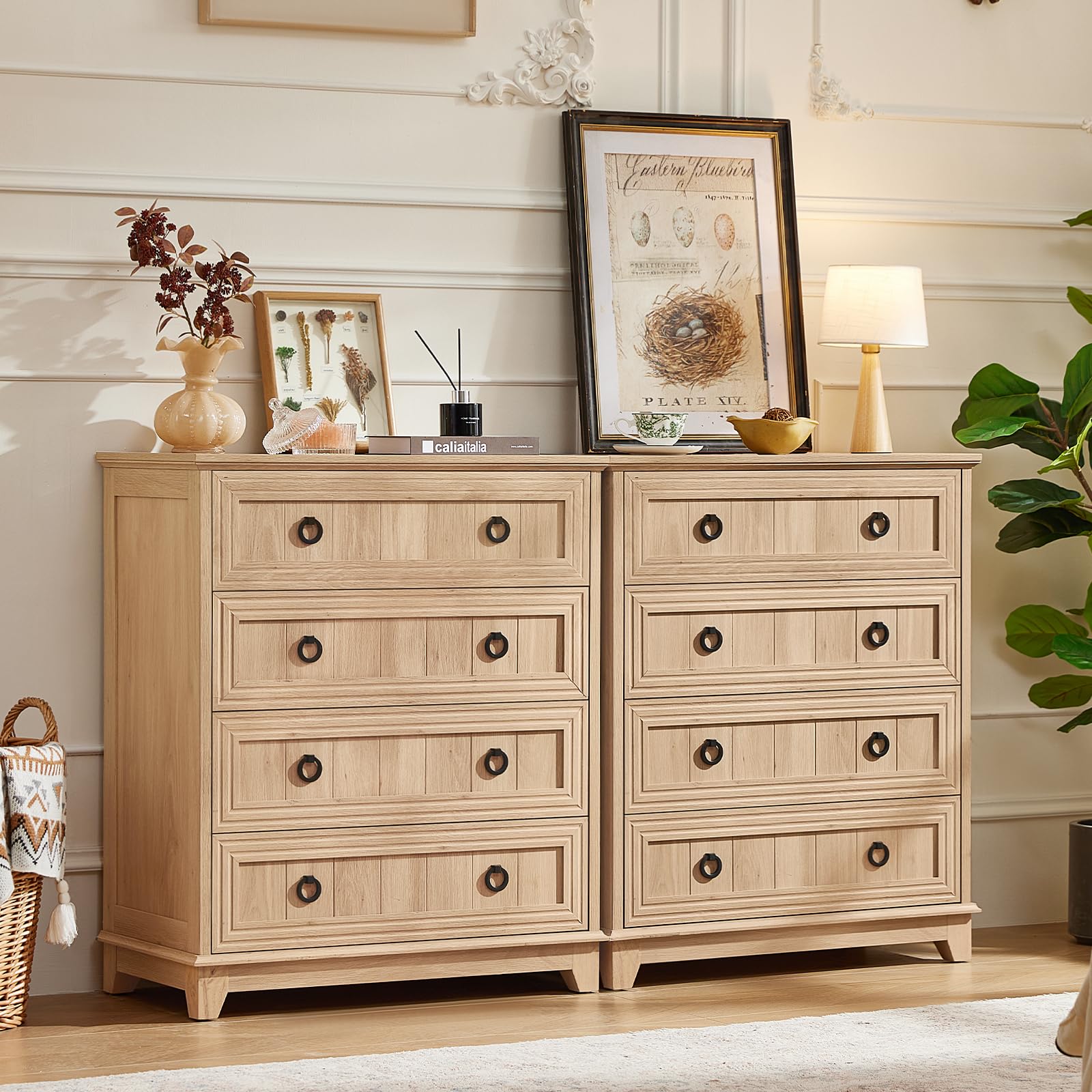 Natural wood farmhouse dresser with multiple drawers and dark round knobs